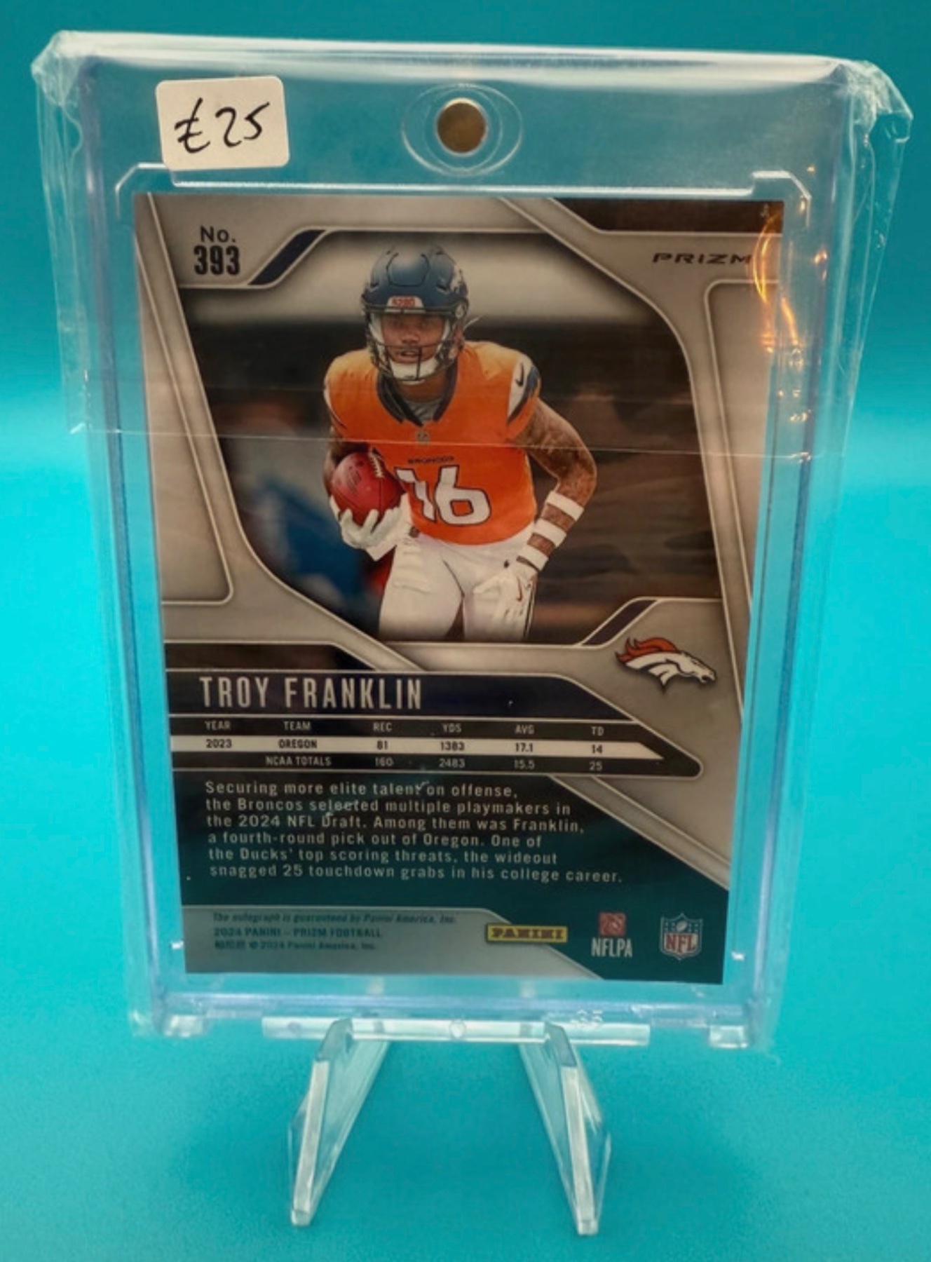 Troy Franklin 2024 Panini Prizm Football Silver Autograph #393 Rookie Card back