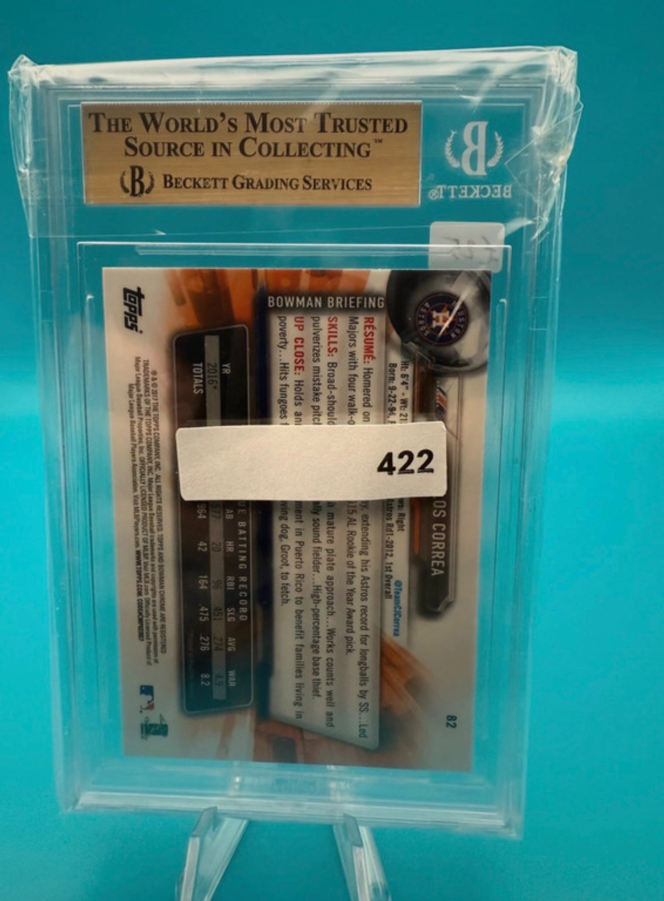 Carlos Correa 2017 Topps Bowman Chrome #82 Beckett Grading Services 9.5 Card back