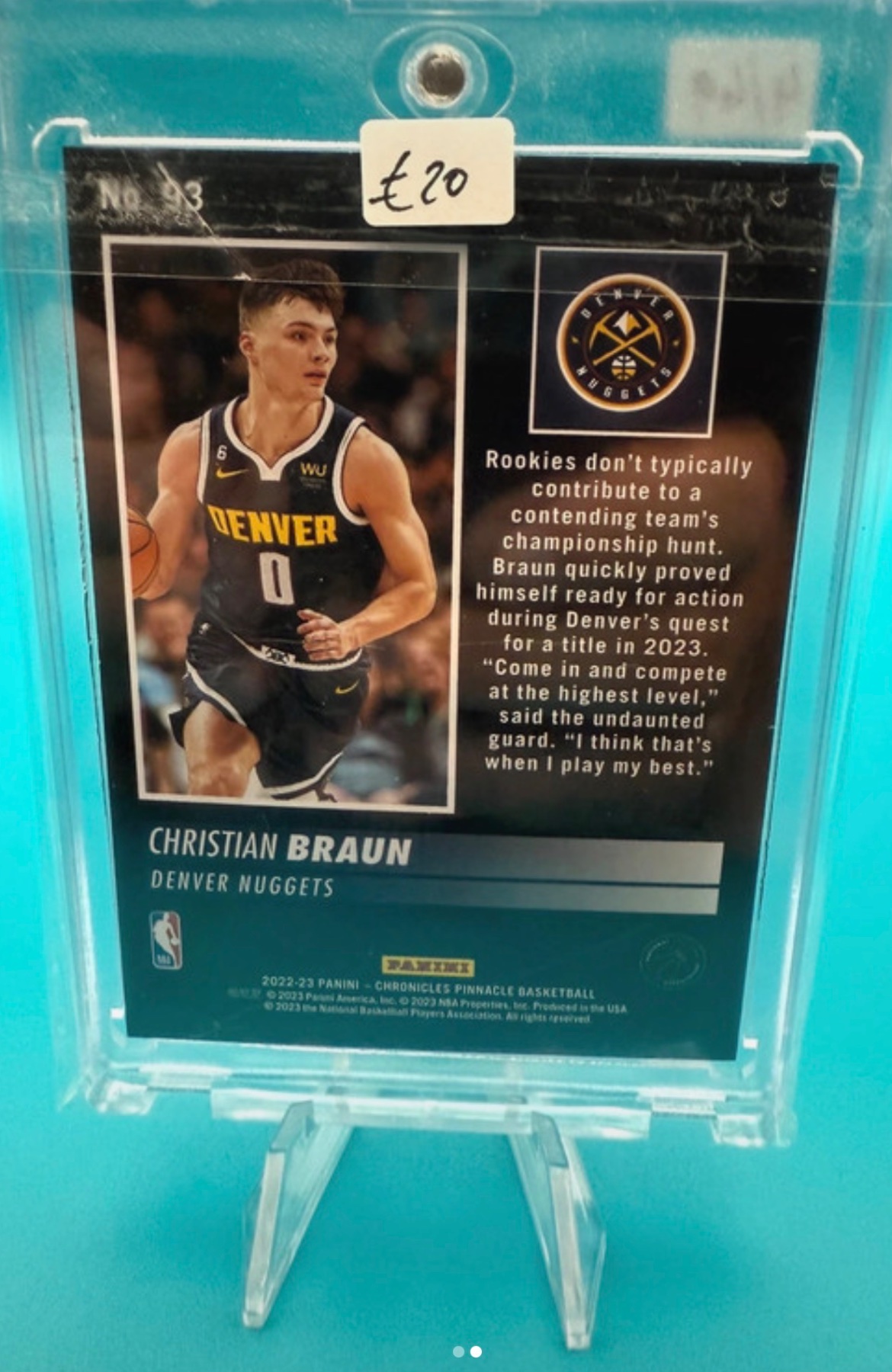 Christian Braun 2022-23 Panini Chronicles Pinnacle #23 Rookie Card back